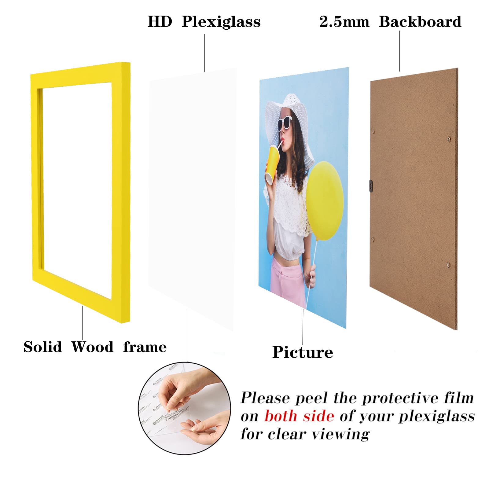 wyooxoo 8x10 Picture Frames Set of 4 Yellow Made of Solid Wood Photo Frames Colorful Frame with HD Plexiglass, Wall or Tabletop